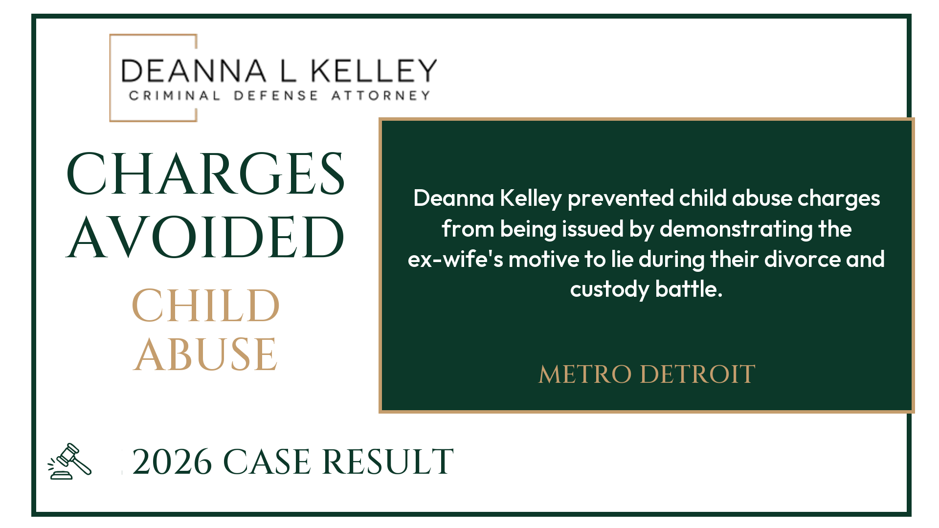2026 case result: child abuse charges avoided in Metro Detroit. Deanna Kelley prevented child abuse charges from being issued by demonstrating the ex-wife's motive to lie during their divorce and custody battle.