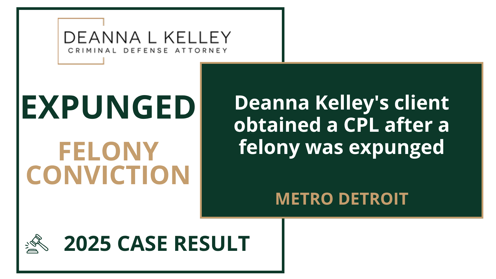 2025 case result: expunged felony conviction in Metro Detroit. Deanna Kelley's client obtained a CPL after a felony was expunged.