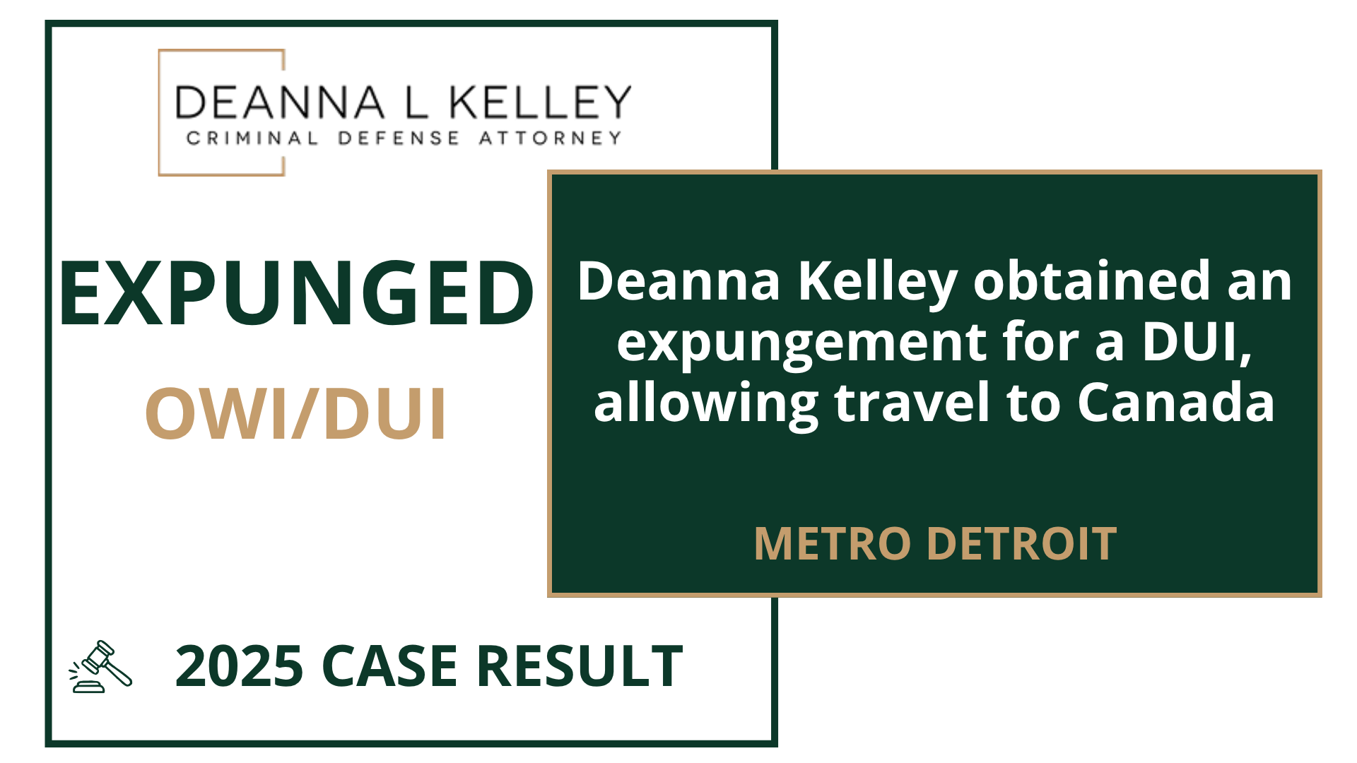 2025 case result: expunged OWI/DUI in Metro Detroit. Deanna Kelley obtained an expungement for a DUI, allowing travel to Canada.