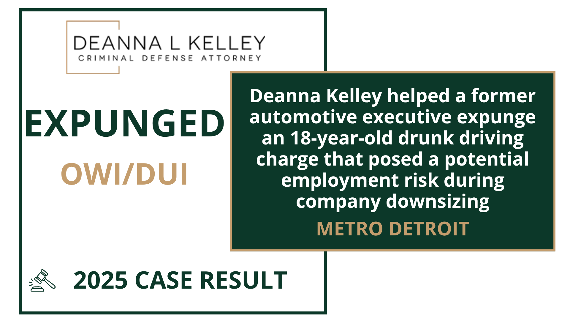 2025 case result: expunged OWI/DUI in Metro Detroit. Deanna Kelley helped a former automotive executive expunge an 18-year-old drunk driving charge that posed a potential employment risk during company downsizing.