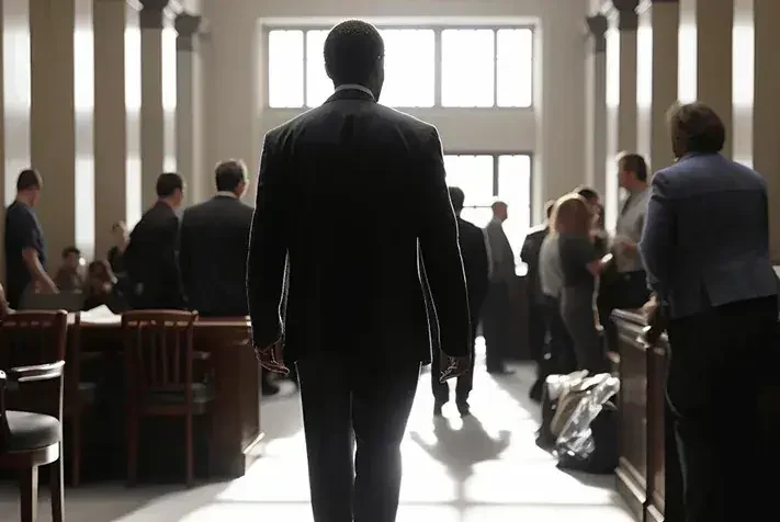 A man in a suit enters a courtroom, carrying a briefcase and looking focused on the proceedings ahead.